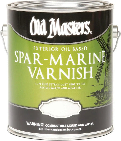 Can of Old Masters Spar-Marine Varnish with exterior oil-based finish, superior UV protection in green and black packaging.