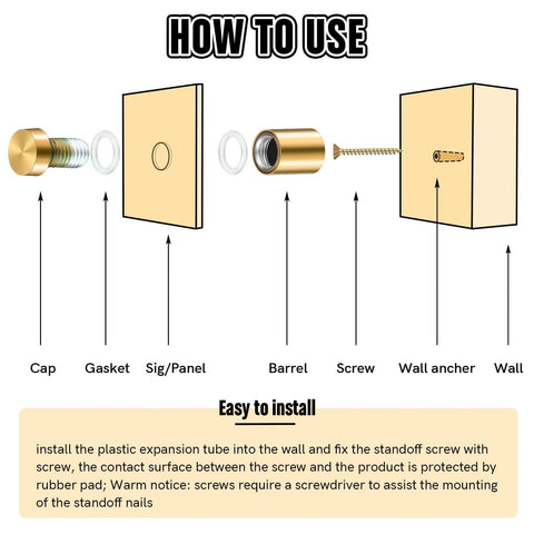 Diagram showing use of 8 Sets Of Stainless Steel Standoff Screws And Mounting Hardware For Advertising Signs and Acrylic Frames.