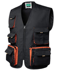 Kickass Lightweight Carpenter Work Vest For Electricians And Woodworkers Featuring Rock Solid Multi Pocket Layout With Durable Heavy Duty Construction In Classic Black, front view with multiple pockets.