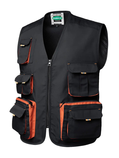 Kickass Lightweight Carpenter Work Vest For Electricians And Woodworkers Featuring Rock Solid Multi Pocket Layout With Durable Heavy Duty Construction In Classic Black, front view with multiple pockets.