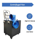 Centrifugal fan with blue exhaust and black casing, designed for high air volume and low noise in industrial applications.