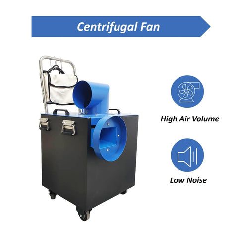 Centrifugal fan with blue exhaust and black casing, designed for high air volume and low noise in industrial applications.