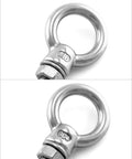 Close-up of rust resistant 304 stainless steel shoulder eye bolts, one quarter inch by two inch, for wood metal and cable fixing.