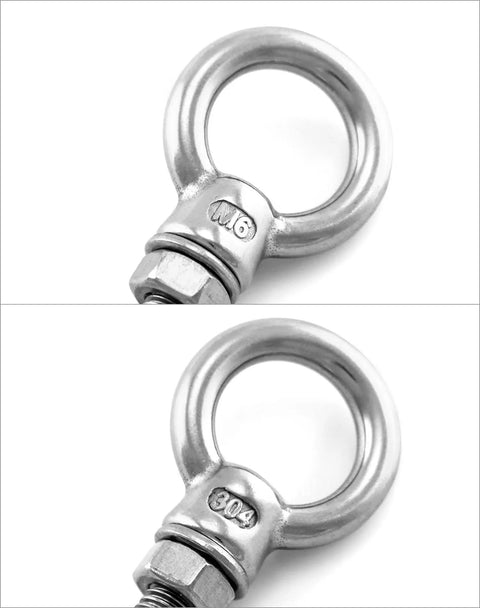 Close-up of rust resistant 304 stainless steel shoulder eye bolts, one quarter inch by two inch, for wood metal and cable fixing.
