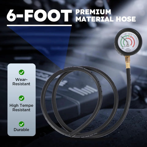 Automotive exhaust back-pressure tester kit with 6-foot hose and gauge