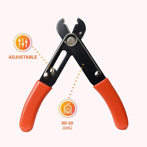 Adjustable Wire Stripper Tool PA1161 for 30-10 AWG Solid and Stranded Wire with red dipped handles and adjustable screw.