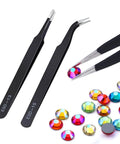 Must-Have 11 Pcs Resin Tools Kit With Stirrers Spoons Poke Needles Anti-Static Tweezers And Pipette For Resin Art Jewelry Making Epoxy Casting DIY Crafts Rose Red showing black anti-static tweezers with colorful gems.