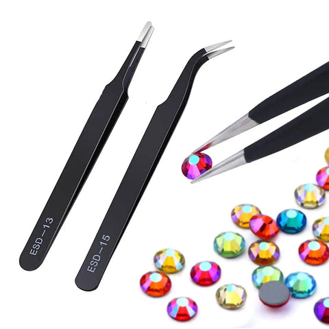Must-Have 11 Pcs Resin Tools Kit With Stirrers Spoons Poke Needles Anti-Static Tweezers And Pipette For Resin Art Jewelry Making Epoxy Casting DIY Crafts Rose Red showing black anti-static tweezers with colorful gems.