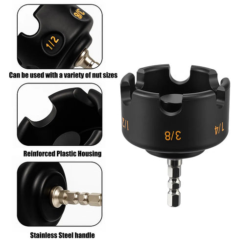 Heavy Duty Nut Driver Drill Attachment For Smashing Through Rusted Bolts And Rapid Stripped Nut Extraction Compatible With Standard Impact Drills, showcasing different nut sizes and stainless steel handle.
