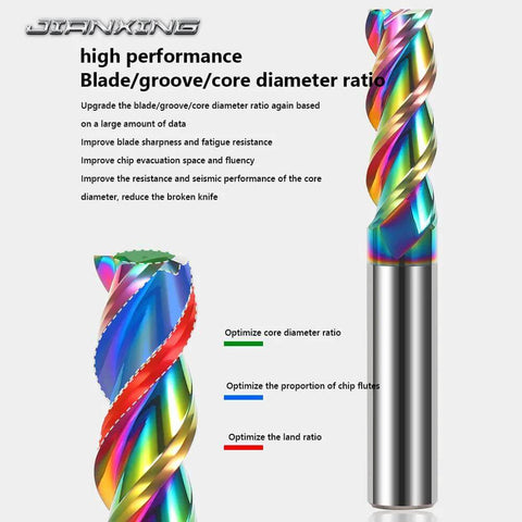 JIANXING 1/4-in extra-long carbide square end mill with DLC coating, colorful spiral flutes, 4 in length