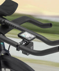 Aero Bar Bike GPS Mount With GoPro Adapter for 22.2mm and 22.4mm Handlebars, fitted on TT bars with device and camera attached.