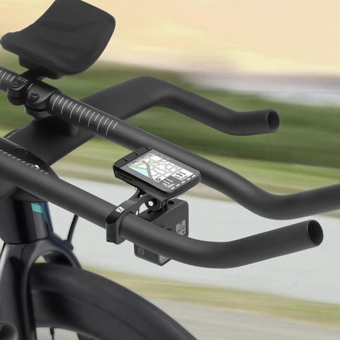 Aero Bar Bike GPS Mount With GoPro Adapter for 22.2mm and 22.4mm Handlebars, fitted on TT bars with device and camera attached.