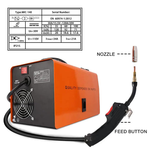 140Amp MIG Welder Flux Core Gasless 110V Inverter with welding gun and nozzle detail