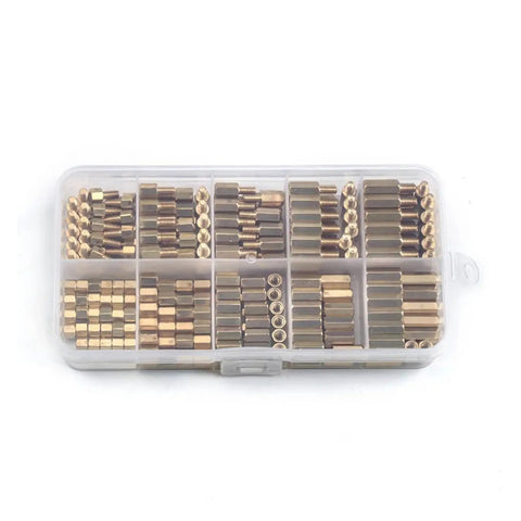 300 Pcs Brass M3 Copper Pillar Stand Off Kit With Hex Column Spacers And Threaded Screws And Nuts Fastener Set For Electronics DIY Projects Durable Hardware And Reliable Fit, organized in plastic case