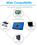 Diagram showing 10.1 Inch HDMI Monitor With 1280x800 IPS Screen Portable VGA LCD Display compatible with Raspberry Pi and gaming consoles.
