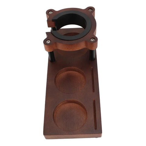 Top view of premium solid wood coffee tamper station universal 58mm portafilter holder for home barista.