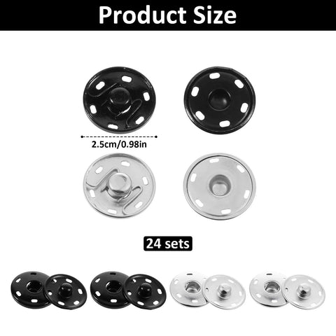 24 Sets Large Snaps For Sewing 25mm Aluminum Snap Buttons Sew On Snaps Big Press Fasteners For Clothing And Fabric In Silver And Black Great For DIY Garments Crafts And Alterations Heavy Duty Sewing Projects
