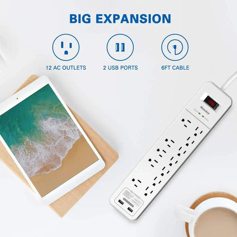 Boss Level Surge Protector Power Strip Featuring Hella Spacious 12 Outlets And 2 Usb Ports Plus A Six Foot Extension Cord And 2390 Joules