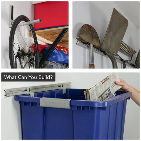 10 Series T Slotted Aluminum Extrusion 1 Inch By 0.5 Inch used for wall-mounted bike and tool storage setup