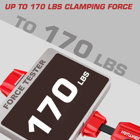Image showing 170 lbs force test for Heavy Duty Three Quarter Inch Bench Dog Clamp Set Two Pack With Quick Release Levers, 170 Lb Clamp Force, Fits 19mm Dog Holes, Adjustable Woodworking Clamps For Gluing And Assembly.