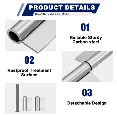 Tough As Nails Weld On Lift Off Hinges 4 Pack Removable Flag Hardware 440 Lbs Capacity Heavy Duty showing carbon steel and rustproof design.