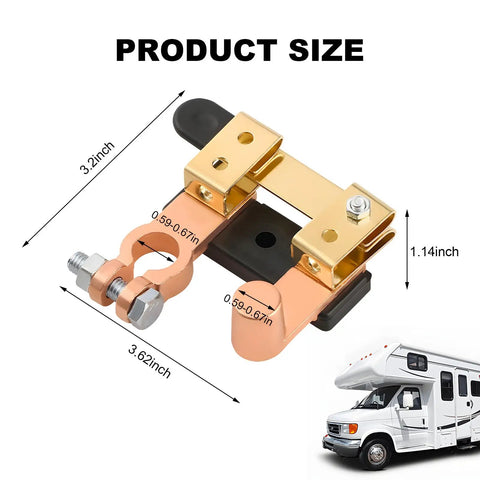 Heavy Duty Knife Blade Battery Cutoff Switch 12V 24V Negative Terminal dimensions with copper brass build for RVs and boats.