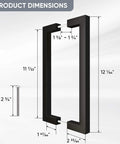 Diagram of 12 Inch Matte Black Push Pull Bar Handle For Sliding Barn Doors And Garages, Heavy Duty Double Sided Door Hardware with dimensions.