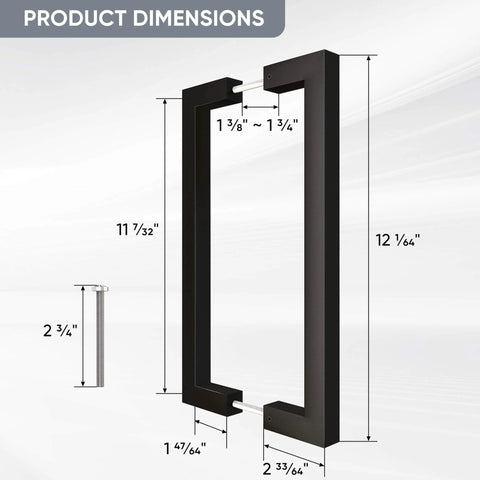 Diagram of 12 Inch Matte Black Push Pull Bar Handle For Sliding Barn Doors And Garages, Heavy Duty Double Sided Door Hardware with dimensions.