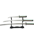3-Piece Samurai Sword Set With Stand Green Scabbard Katana Wakizashi Tanto 1095 Carbon Steel Unsharpened Blades Full Tang Display