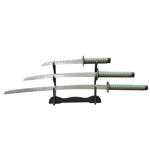 3-Piece Samurai Sword Set With Stand Green Scabbard Katana Wakizashi Tanto 1095 Carbon Steel Unsharpened Blades Full Tang Display
