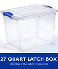 27 Quart Clear Plastic Storage Bin With Lock Down Latching Lid Stackable Organizer Tote For Home Clutter Control, clear with blue latches.