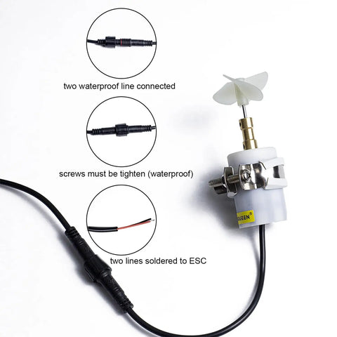 2S LiPo 8.4V 22W BM70 Brushed Submarine Thruster Sealed Waterproof IP68 with connections and propeller details