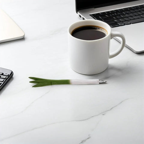 Scallion Shape Wooden Gel Ink Two Piece Pen Set With Comfortable Grip And Easy Care Plastic Body on marble desk
