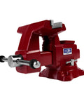 Beefy Utility Bench Vise With 6-1/2 Inch Jaw Width, 6 Inch Opening, 4 Inch Throat, 360 Degree Swivel Base, Dual Lock-Downs, Serrated Hardened Jaws, Built-In Pipe Jaws, And Large Anvil Work Surface For Pro Shop Tasks, red