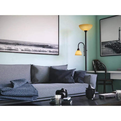 Stylish living room with Amazing Transitional Bronze Torchiere Floor Lamp With Vintage Style Amber Scavo Glass Shade Adds Elegant Touch To Industrial Decor Stands 71.5 Inches Tall Perfect For Living Room And Home Office Lighting.