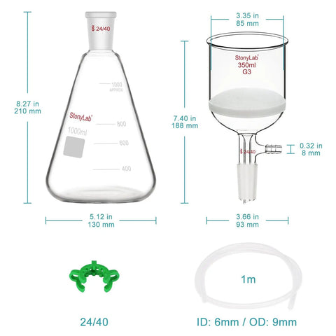 Top Notch Buchner Funnel And Flask Filtration Kit, 350 mL Glass Funnel With 1 L Erlenmeyer, Vacuum Silicone Tubing, Borosilicate Glass, G3 Porosity Micron Pore Size 15-40, Complete Lab Filtration Setup showing dimensions of flask, funnel, clamp, and tubing.