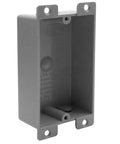 One Gang Electrical Outlet Box For Old Work Remodel Eight Cubic Inch Capacity With Shallow PVC Mounting Tabs High Density Plastic Junction Box For Wall Switches And Outlets ETL Ready No Tool Quick Install Snap In Drywall, front view with shallow design.