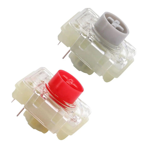 Ultra Thin Premium RGB Mechanical Switches Low Profile Linear Keys High End Custom Hot Swappable Laptop Typing Deck Silver Red Trigger 10 Pack displayed in clear plastic with red and grey tops.