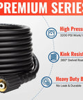 Coiled black pressure washer hose with brass fitting, labeled 'Premium Series' for high pressure, kink resistance, and durability.