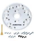 Clear Acrylic Router Base Plate With Centering Pin And Predrilled Letter Marked Holes Six And A Half Inch By Five Sixteenths Inch Thick Includes Screws Ready To Install Fits Bosch Dewalt Ryobi Porter Cable Makita And More, showing plate with holes and screws.