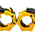 Heavy Duty 2 Inch Barbell Clamps Set Quick Release Locking Collars For Olympic Weight Plates, yellow and black pair of clips