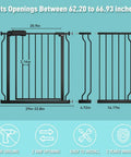 Extra Wide Walk Through Baby Gate For Stairs Doorways And Kitchen 62.19 To 66.92 Inches Adjustable Pressure Mounted Auto Close Black Metal Safety Gate For Toddlers Kids Dogs And Pets, diagram with dimensions