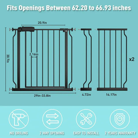 Extra Wide Walk Through Baby Gate For Stairs Doorways And Kitchen 62.19 To 66.92 Inches Adjustable Pressure Mounted Auto Close Black Metal Safety Gate For Toddlers Kids Dogs And Pets, diagram with dimensions