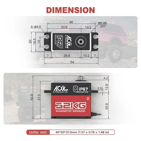Diagram showing dimensions of Beefy 32 Kg Cm Waterproof RC Steering Servo with full metal gear coreless drive for 1/10 scale RC cars.