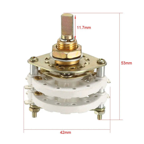 2 Pole 6 Position Rotary Switch With Knob, Band Selector, 2 Deck, 14 Pin, Mount 9.7mm, Shaft 6mm, front view