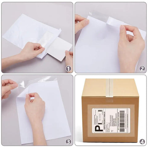 600 Pack Self Adhesive Packing Slip Pouch And Shipping Label Sleeves With Heavy Duty Grip showcasing document sealing process for shipping.