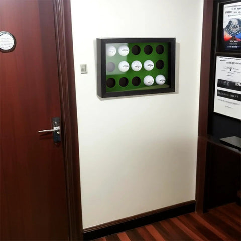 15 Ball Golf Ball Display Case Wooden Shadow Box With Acrylic UV Dust Cover Wall Mount in an office setting