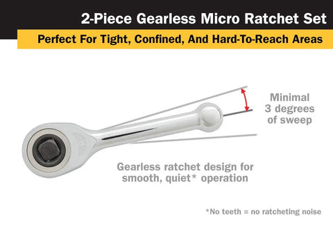 Gearless Micro Ratchet Set With 1/4-Inch And 3/8-Inch Drives, toothless design, 3-degree sweep for tight spaces, smooth operation