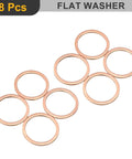 Rock Solid M26 Copper Flat Washers, 8 Piece Pack Featuring 32mm Outside Diameter And 2mm Thickness, showing copper gaskets laid out.
