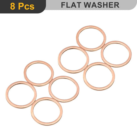 Rock Solid M26 Copper Flat Washers, 8 Piece Pack Featuring 32mm Outside Diameter And 2mm Thickness, showing copper gaskets laid out.